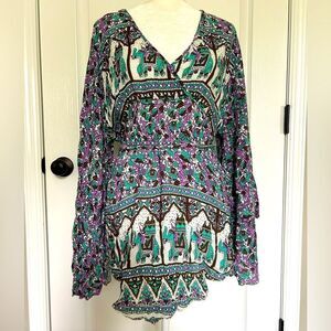 Gypsy Rose Women’s Bohemian Hippie Flowy Top Blouse Size Large Green Purple